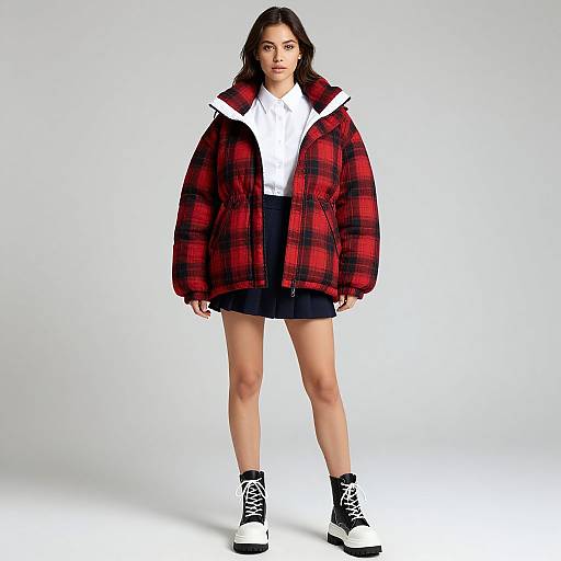 Photograph of a young woman with medium skin tone, dark wavy hair, wearing a red plaid jacket, white shirt, black skirt, and