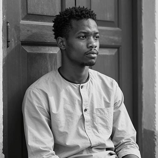 Black and white portrait of young man sitting by wooden door