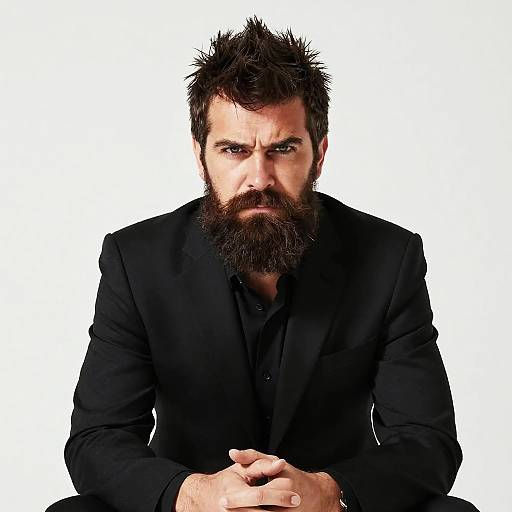 Photograph of a serious, bearded man with spiky dark hair, wearing a black suit and black shirt, against a white background.