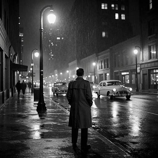 Black-and-white photograph of a solitary figure in a raincoat standing on a wet, illuminated city street at night, cars and streetlights reflecting on the