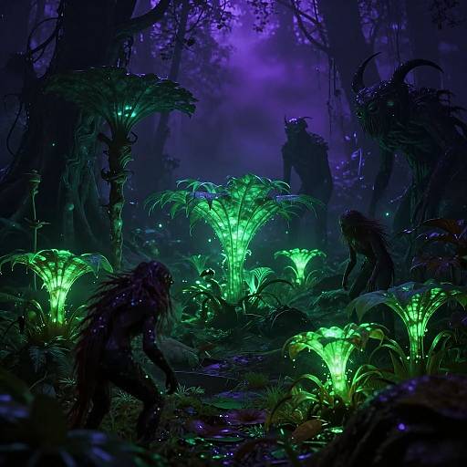 Mystical forest illustration: Dark, glowing, bioluminescent green plants illuminate shadowy, silhouetted creatures among foggy, purple