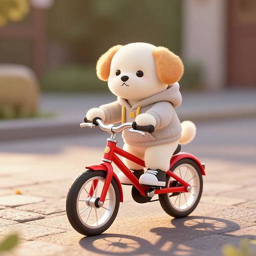 Adorable digital illustration of a cute, fluffy white dog with orange ears riding a red bicycle on a sunlit street.