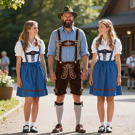 Three People in Traditional Bavarian Costumes Outdoors