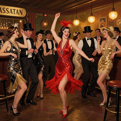 Photograph of a lively 1930s-style dance party in a vintage bar, featuring dancers in sequined dresses and tuxedos, with