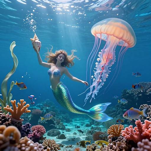Photograph of a mermaid with a shimmering green and blue tail, holding a seashell, surrounded by colorful coral reefs and a translucent jelly