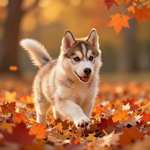 Husky Puppy Playing in Autumn Leaves