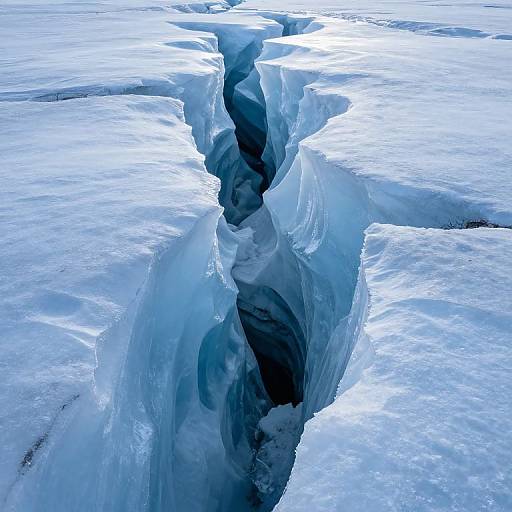 Photograph of a deep, jagged ice crack in a vast, frozen blue-white landscape, with smooth, icy surfaces on either side.