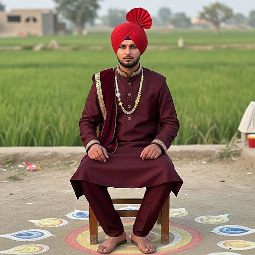 Photograph of a Sikh man with dark skin, red turban, black traditional outfit, gold jewelry, seated on a chair in a vibrant green field