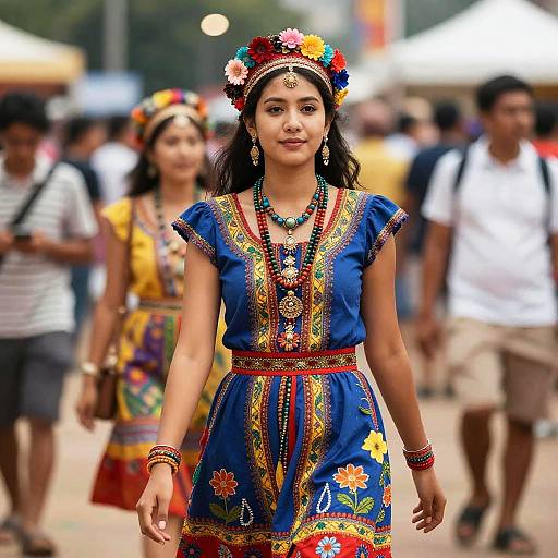 Woman in Traditional Festival Dress with Floral Headpiece
