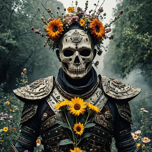Floral Warrior in Ornate Armor with Skull Mask