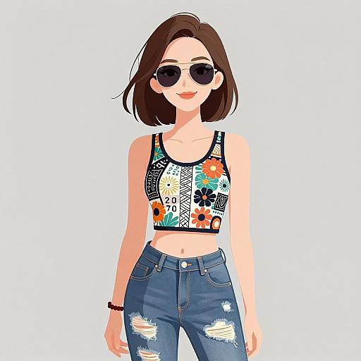 Digital illustration of a smiling woman with short brown hair, wearing dark sunglasses, a colorful floral crop top, and ripped blue jeans, standing against a white
