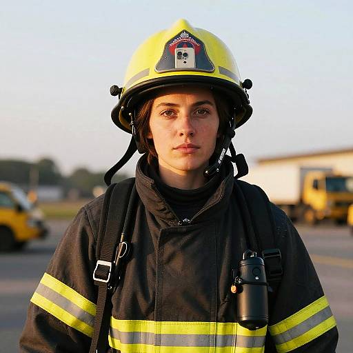 Photograph of a serious young female firefighter in black uniform and yellow helmet with reflective stripes, standing outdoors in daylight.