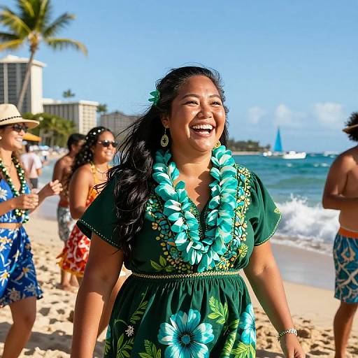Photograph of smiling Asian woman with long black hair, wearing a green dress with blue floral patterns, and a large turquoise flower lei, standing on sunny