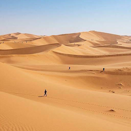 Photograph of vast, sunlit desert with golden sand dunes; four small, silhouetted figures walking across the smooth, rippled landscape