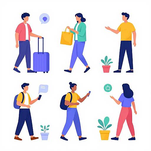 Digital illustration of six diverse travelers with luggage, backpacks, and plants, walking and interacting, in colorful, flat style.