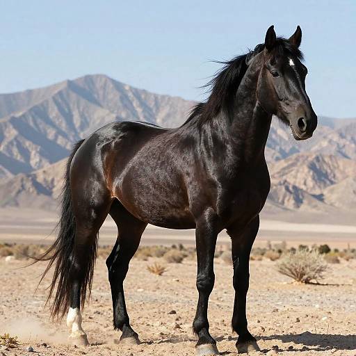 Photograph of a sleek, black stallion with a glossy coat, standing in a desert landscape with rugged mountains in the background.