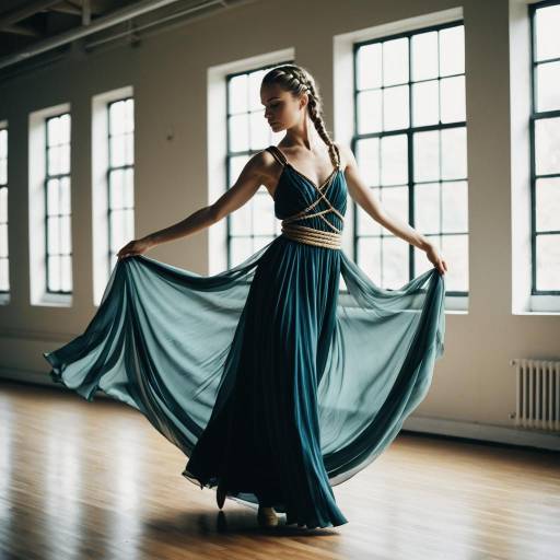 Female Dancer in Flowing Silk Dress with Rope Braid Female Dancer in Flowing Silk Dress with Rope Braid