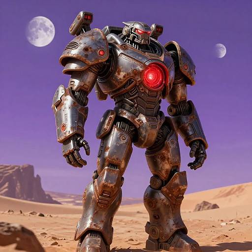 Photorealistic CGI of a rusted, red-eyed robotic warrior standing in a desert under a purple sky with two moons.