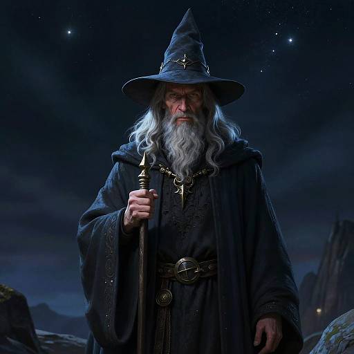 Photorealistic digital art of an elderly wizard with a long white beard, wearing a dark blue pointed hat and cloak, holding a staff, under a
