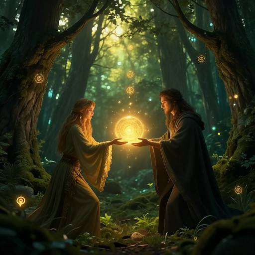 Photograph of a mystical forest scene with two robed figures, holding a glowing orb of light, surrounded by swirling lights and dense trees.
