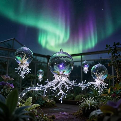 Photograph of glowing, crystal ball ornaments with white, branching light fixtures, set in a dark garden with vibrant green and purple aurora borealis in