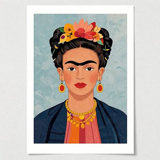 Digital portrait of Frida Kahlo with dark hair in buns, floral crown, red lips, gold jewelry, and blue jacket, against light blue