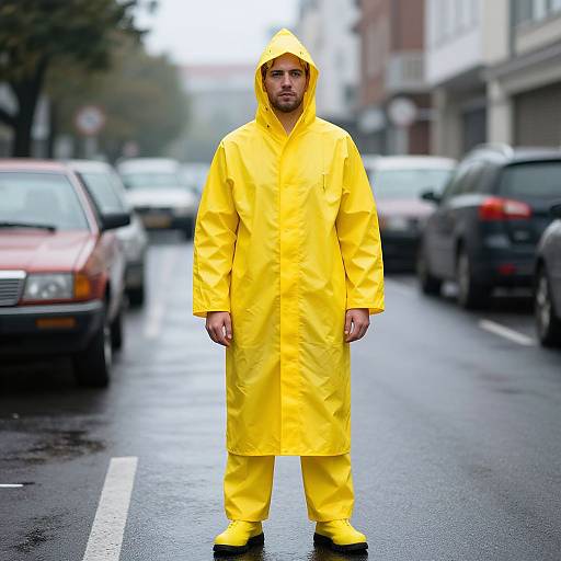 Man in Yellow Rain Suit on Street