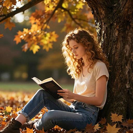 Tween Reading Under Oak Tree in Fall