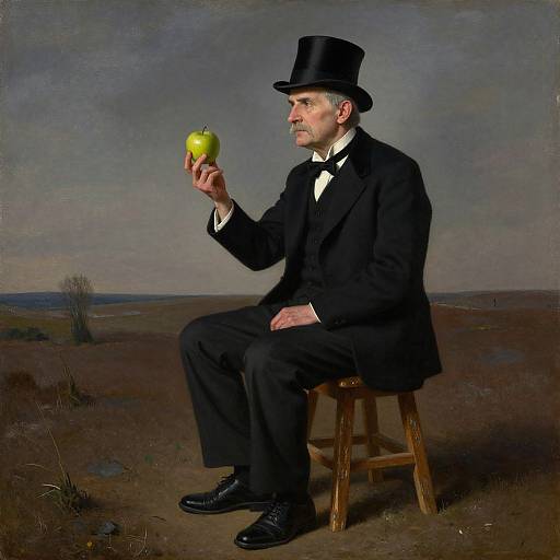 Photograph of a white man in a black top hat, suit, and bow tie, sitting on a stool, holding a green apple, in a