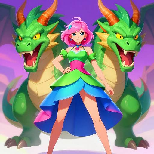 Vibrant digital illustration of a pink-haired girl in a green and blue dress standing confidently between two fierce green dragons.