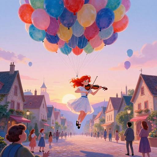 Digital painting: Red-haired girl in white dress, flying with colorful balloons, playing violin over quaint village street at sunset. People watch below, surrounded by