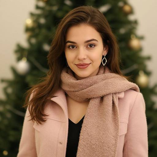 Photograph of a smiling woman with long brown hair, wearing a pink coat, beige scarf, and diamond earrings, standing in front of a blurred Christmas