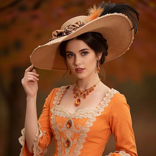 Photograph of a pale-skinned woman with dark hair in an orange, lace-trimmed Victorian dress, wearing a wide-brimmed hat with