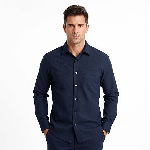 Photograph of a handsome, muscular man with short brown hair, wearing a dark navy button-up shirt, standing against a white background, hands in pockets