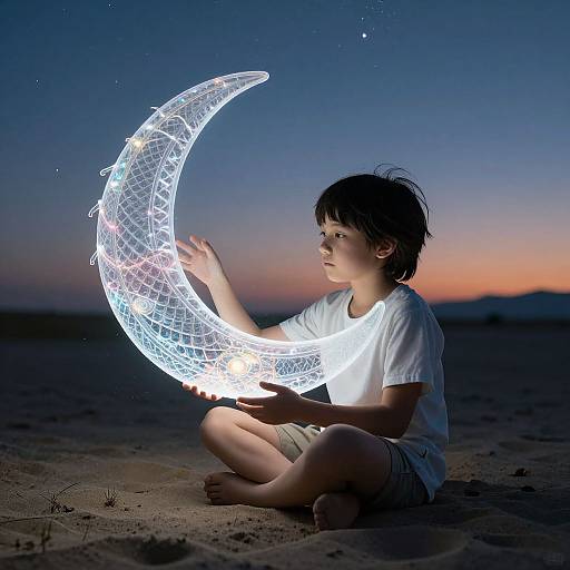 Photograph of a young boy with short black hair, sitting on sandy beach at dusk, holding a glowing, wireframe crescent moon.