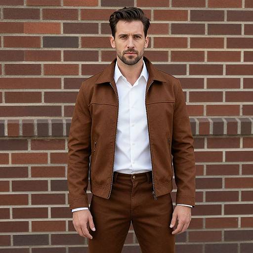 Photograph of a bearded man with dark hair, wearing a brown jacket, white shirt, and brown pants, standing in front of a red brick