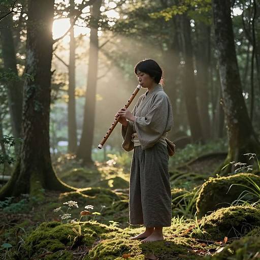 Photograph of a young woman with short dark hair, barefoot, playing a flute in a sunlit, misty forest, wearing a beige shirt