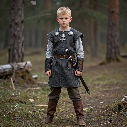 Photograph of a young boy with blonde hair, dressed as a medieval knight, standing in a forest, wearing a dark tunic, leather belt,