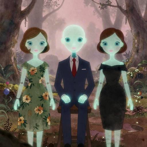 Digital illustration of three glowing, pale-skinned dolls with large eyes, standing in a whimsical, pink-lit forest. The central doll wears a