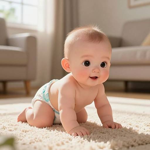 Photorealistic CGI of a smiling, chubby, fair-skinned baby with light brown hair crawling on a sunlit beige carpet in a cozy living room