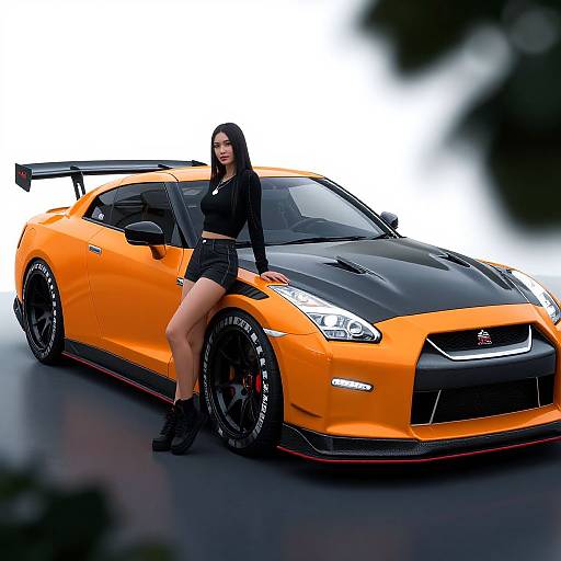 Photograph of a confident woman with long black hair, wearing a black crop top and shorts, leaning on a bright orange and black Nissan GT-R sports