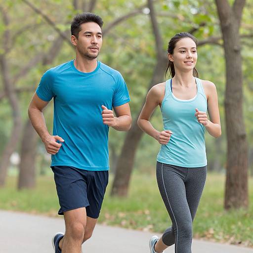 Photograph of a fit Asian man and woman jogging together in a park, both wearing blue tops and black athletic shorts and leggings.