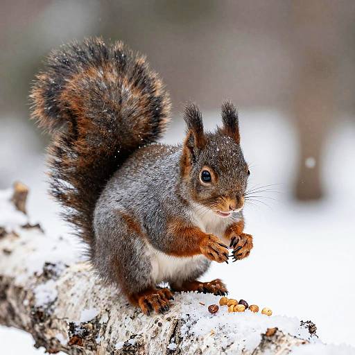 Snowy Squirrel on Birch Log