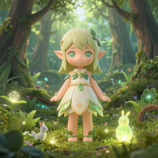 Digital CGI artwork of a cute, green-eyed, pale-skinned elf girl with blonde hair, wearing a leafy dress, standing in a magical forest