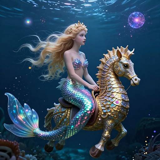 Digital art of a blonde mermaid with iridescent scales, golden crown, and armor-like golden horse, underwater with a glowing purple orb.