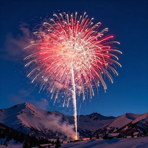Vivid Fireworks Over Snowy Peaks