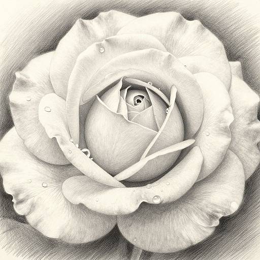 Detailed black-and-white pencil drawing of a blooming rose, with intricate petal shading, droplets of water, and a centered, smaller inner rose