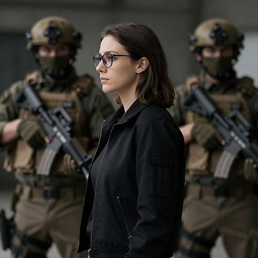 Woman in Black Jacket with Armed Soldiers