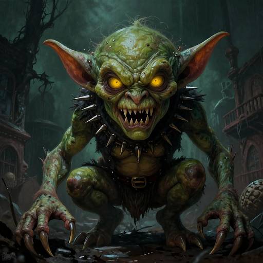 Digital art of a menacing, green-skinned goblin with glowing yellow eyes, sharp teeth, and spiked collar, crouching in a dark,