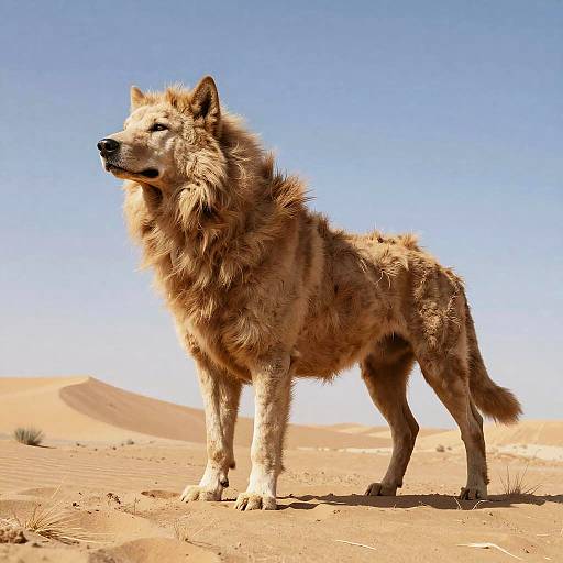 Photograph of a majestic, tan-furred wolf standing in a sunlit, sandy desert with clear blue sky and distant sand dunes.
